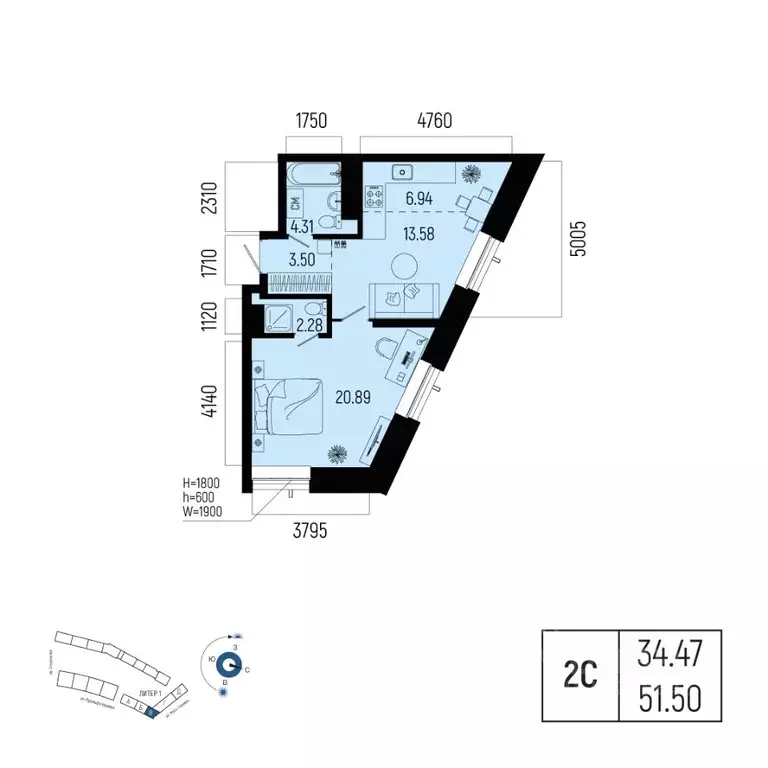 2-к кв. Башкортостан, Уфа Глумилино-1 мкр, Новатор жилой комплекс ... - Фото 1