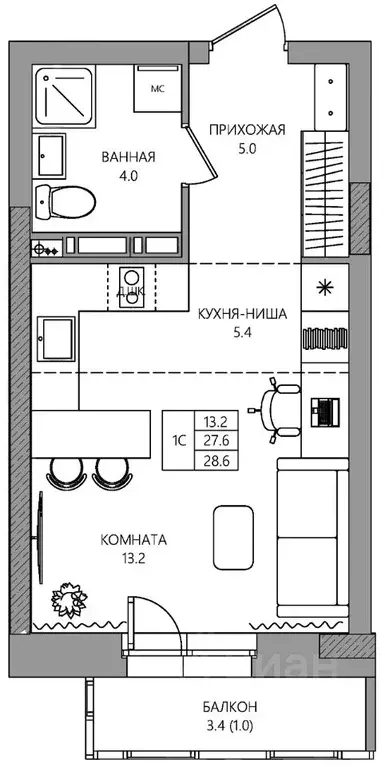 Студия Пермский край, Пермь ул. Капитана Гастелло, 15 (28.6 м) - Фото 1