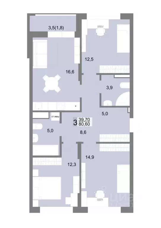 3-к кв. Свердловская область, Екатеринбург ул. Семена Лагоды, 80 (80.6 ... - Фото 1