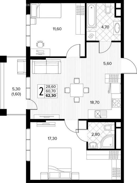 2-комнатная квартира: Сукко, жилой комплекс Кипарис (62.3 м) - Фото 1