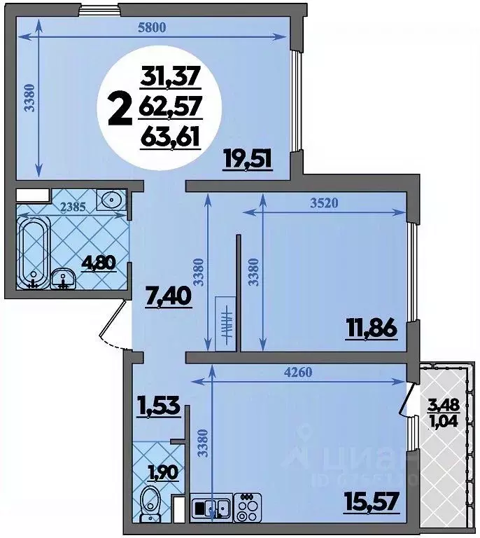 2-к кв. Адыгея, Майкоп  (63.61 м) - Фото 1