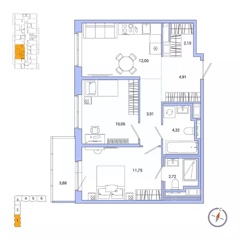 2-к кв. Санкт-Петербург Окла жилой комплекс (52.93 м) - Фото 0