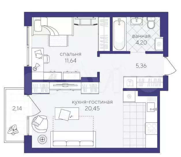 1-к. квартира, 43,8 м, 3/4 эт. - Фото 0