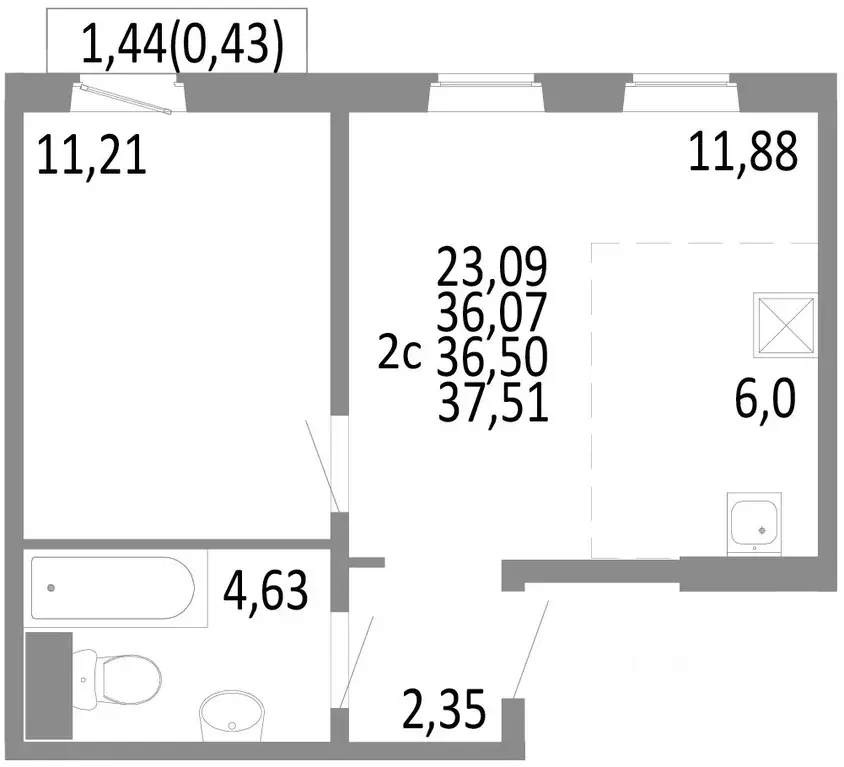 2-к кв. Челябинская область, Челябинск ул. Блюхера, 125В (36.5 м) - Фото 0