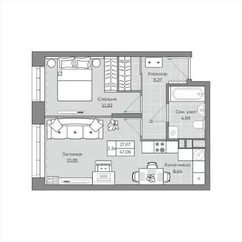 2-комнатная квартира: Казань, улица Ярышлар, 8 (47.06 м) - Фото 1