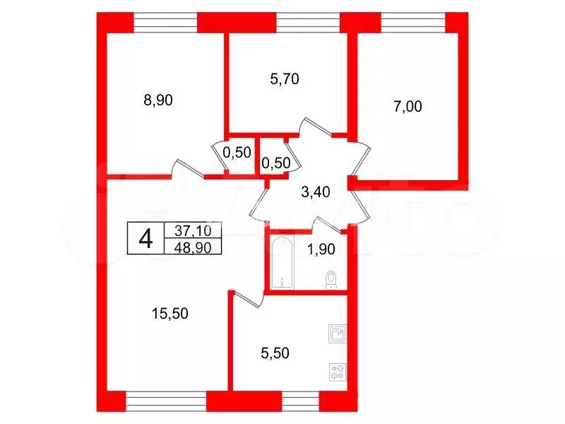 4-к. квартира, 48,9 м, 5/5 эт. - Фото 0