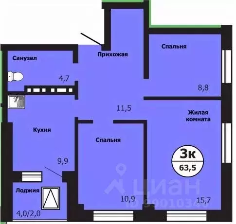 3-к кв. Красноярский край, Красноярск ул. Лесников, 51Б (63.7 м) - Фото 0
