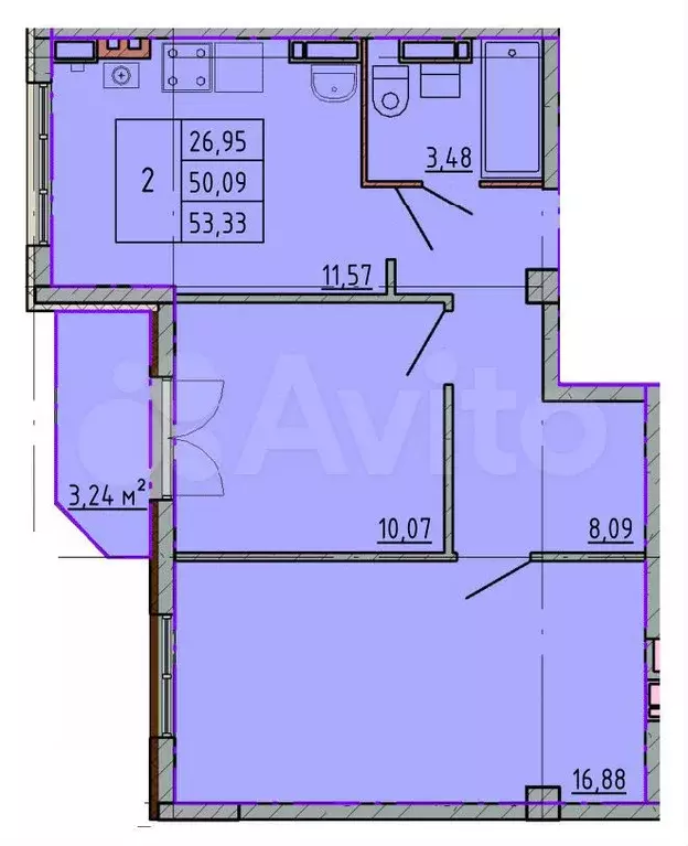 2-к. квартира, 53,3 м, 3/5 эт. - Фото 0