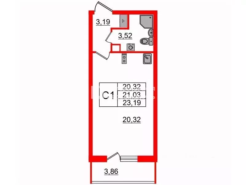 Студия Санкт-Петербург ул. Орбитальная, 7к1 (23.19 м) - Фото 1