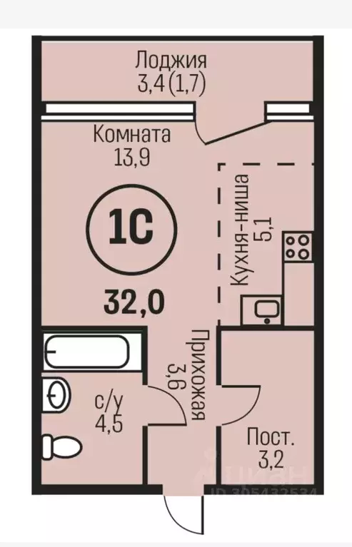 Студия Алтайский край, Барнаул ул. Имени В.Т. Христенко, 2к4 (32.0 м) - Фото 0