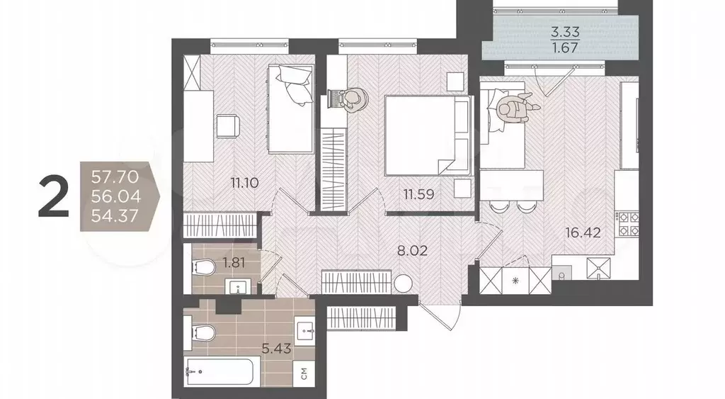 2-к. квартира, 56 м, 1/9 эт. - Фото 1
