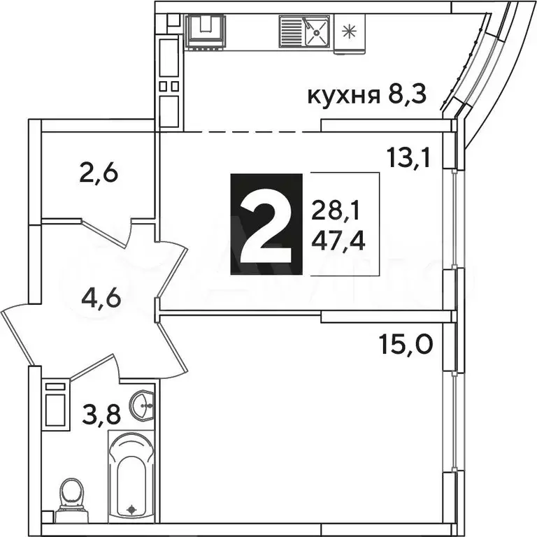 2-к. квартира, 47,4 м, 10/16 эт. - Фото 0