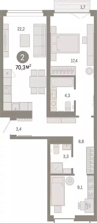 2-комнатная квартира: Тюмень, жилой комплекс Республики 205 (70.25 м) - Фото 0