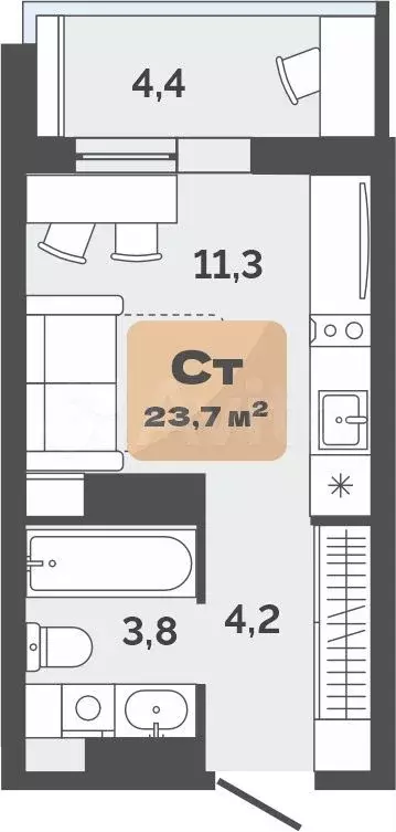 Квартира-студия, 21,5 м, 2/17 эт. - Фото 0