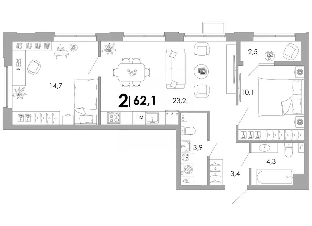 2-к кв. Владимирская область, Владимир Уно жилой комплекс (62.1 м) - Фото 1