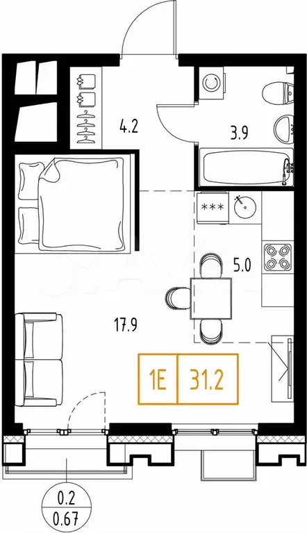 1-к. квартира, 31,2 м, 8/9 эт. - Фото 0