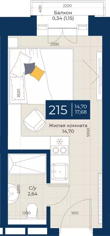 1-к кв. Татарстан, Казань ул. Бурхана Шахиди, 18/18 (17.68 м) - Фото 1