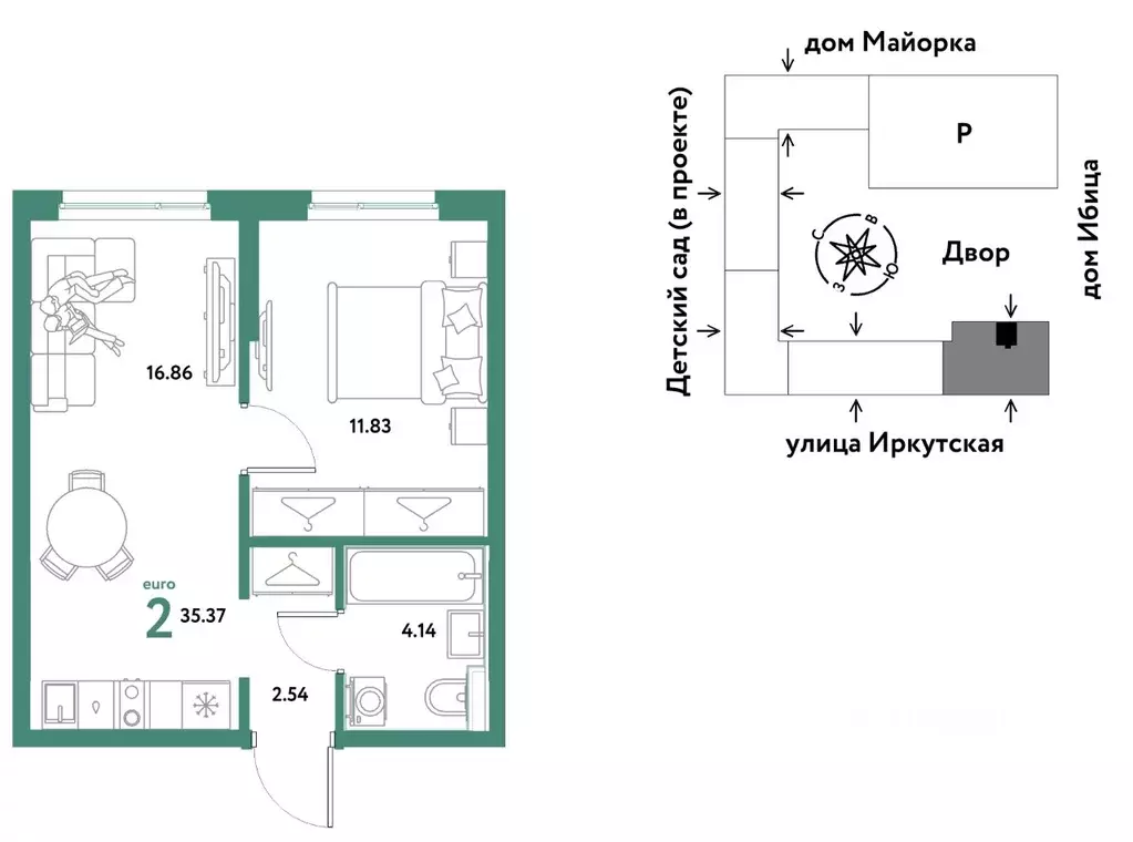 2-к кв. Тюменская область, Тюмень ДОК мкр, ул. Ярославская (35.37 м) - Фото 0