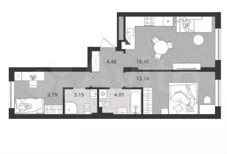 1-к. квартира, 53,1м, 4/4эт. - Фото 1