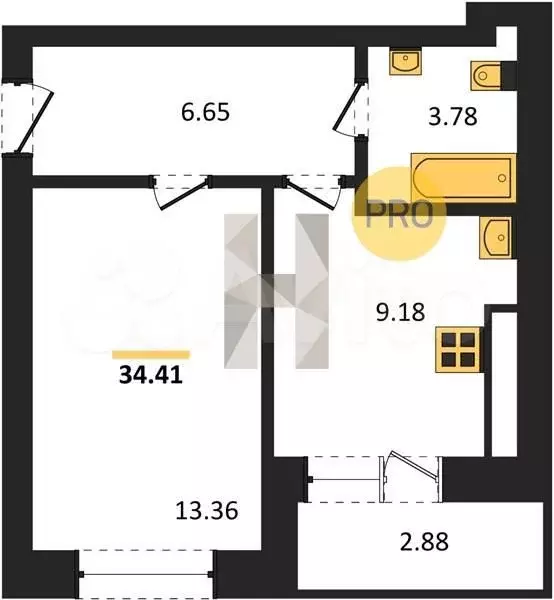 1-к. квартира, 34,4 м, 2/9 эт. - Фото 1