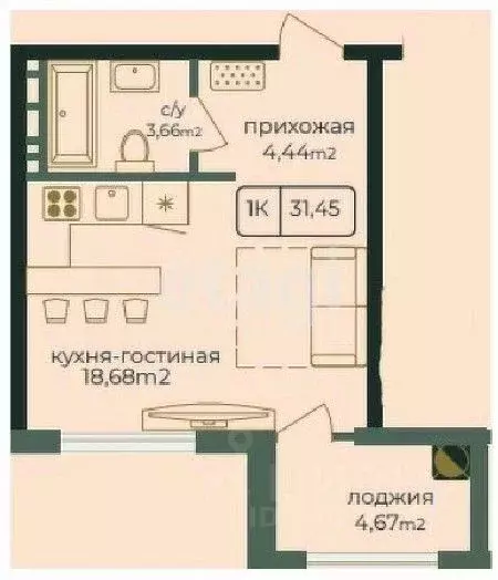 Студия Дагестан, Каспийск просп. Акулиничева (31.45 м) - Фото 0
