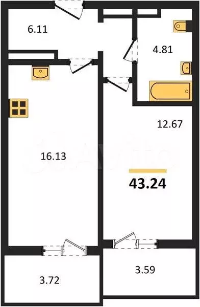 1-к. квартира, 43,2 м, 15/18 эт. - Фото 0