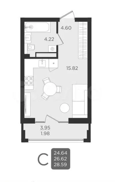 Квартира-студия, 28,6 м, 2/9 эт. - Фото 1
