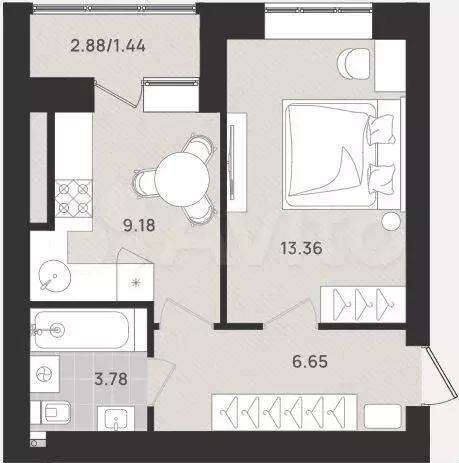 1-к. квартира, 34,4 м, 1/9 эт. - Фото 1