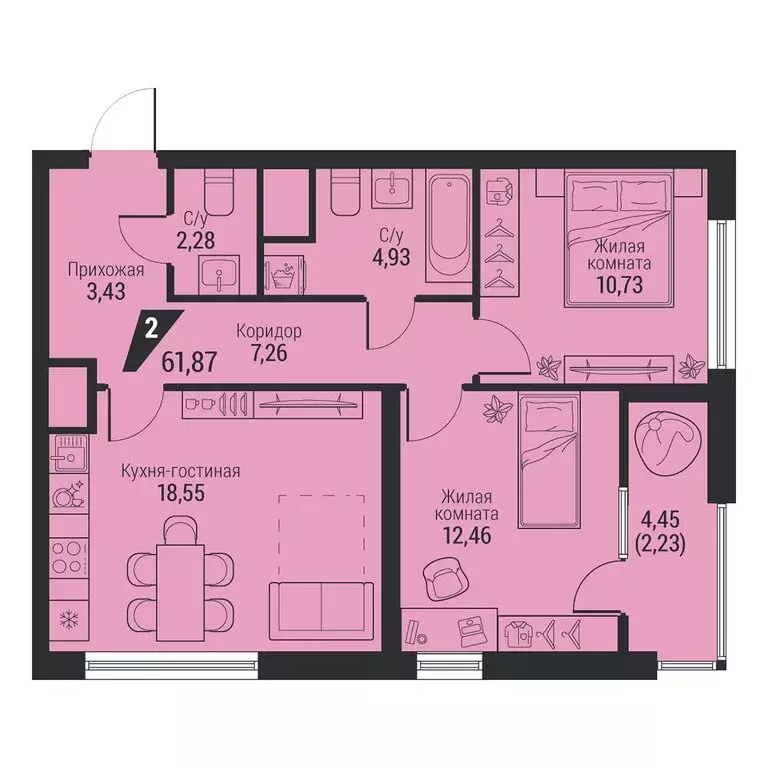 2-комнатная квартира: Екатеринбург, проспект Космонавтов, 100 (61.87 ... - Фото 0