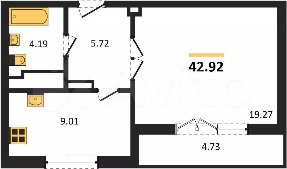 1-к. квартира, 42,9 м, 9/9 эт. - Фото 1