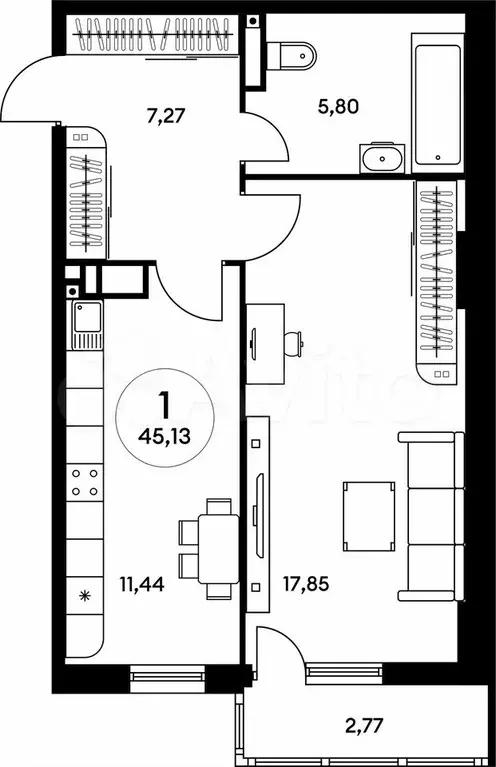 1-к. квартира, 45,1 м, 24/25 эт. - Фото 1