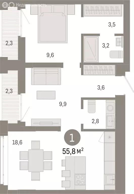 1-комнатная квартира: Тюмень, Ленинский округ (55.78 м) - Фото 1