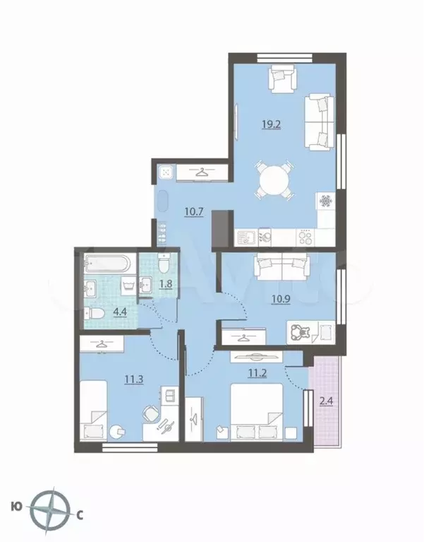 3-к. квартира, 70,7 м, 5/15 эт. - Фото 0