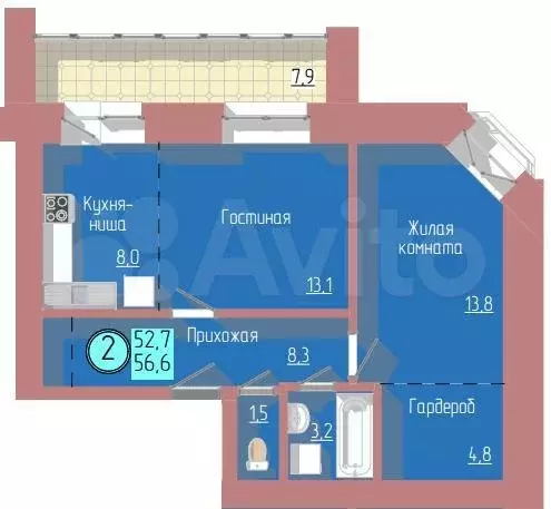 2-к. квартира, 56,6 м, 7/12 эт. - Фото 0