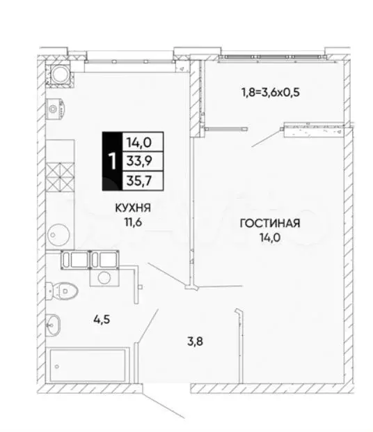 1-к. квартира, 35,7 м, 4/20 эт. - Фото 0