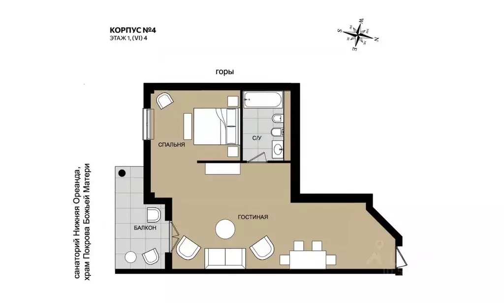 1-к кв. Крым, Ялта муниципальный округ, Ореанда пгт 60Гк4 (56.7 м) - Фото 1