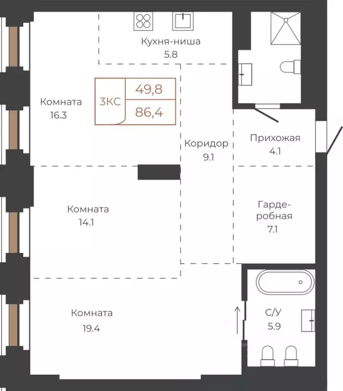 3-к кв. Алтайский край, Барнаул пл. Баварина, 8к2 (86.4 м) - Фото 0