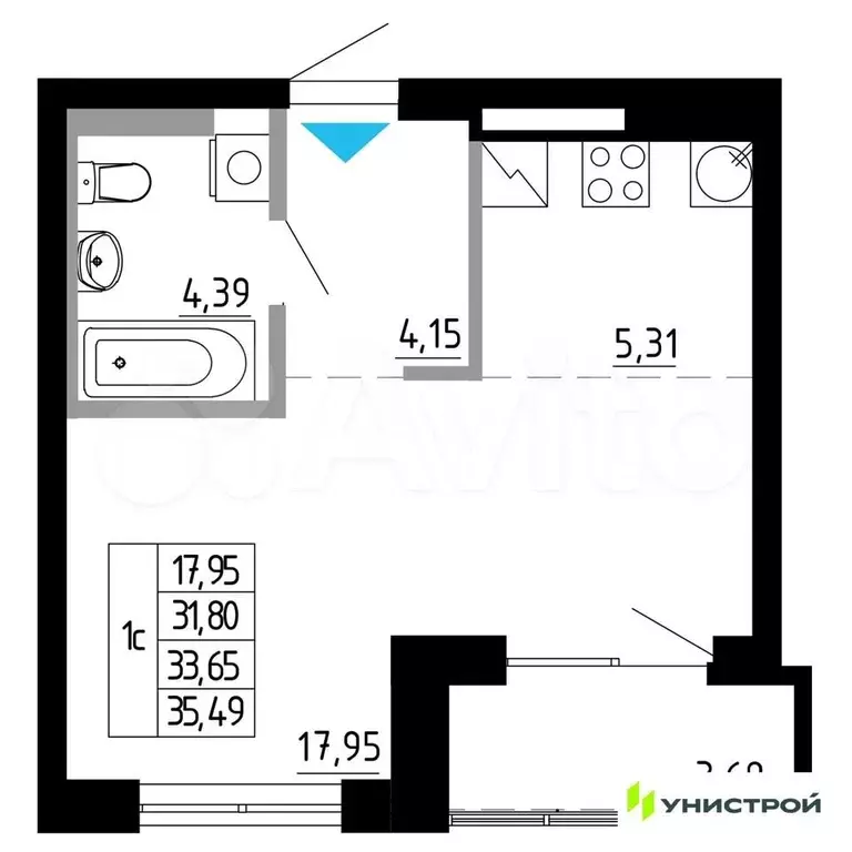 Квартира-студия, 33,7 м, 13/27 эт. - Фото 0