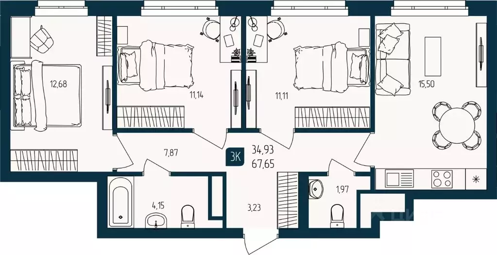 3-к кв. Тюменская область, Тюмень  (67.65 м) - Фото 1