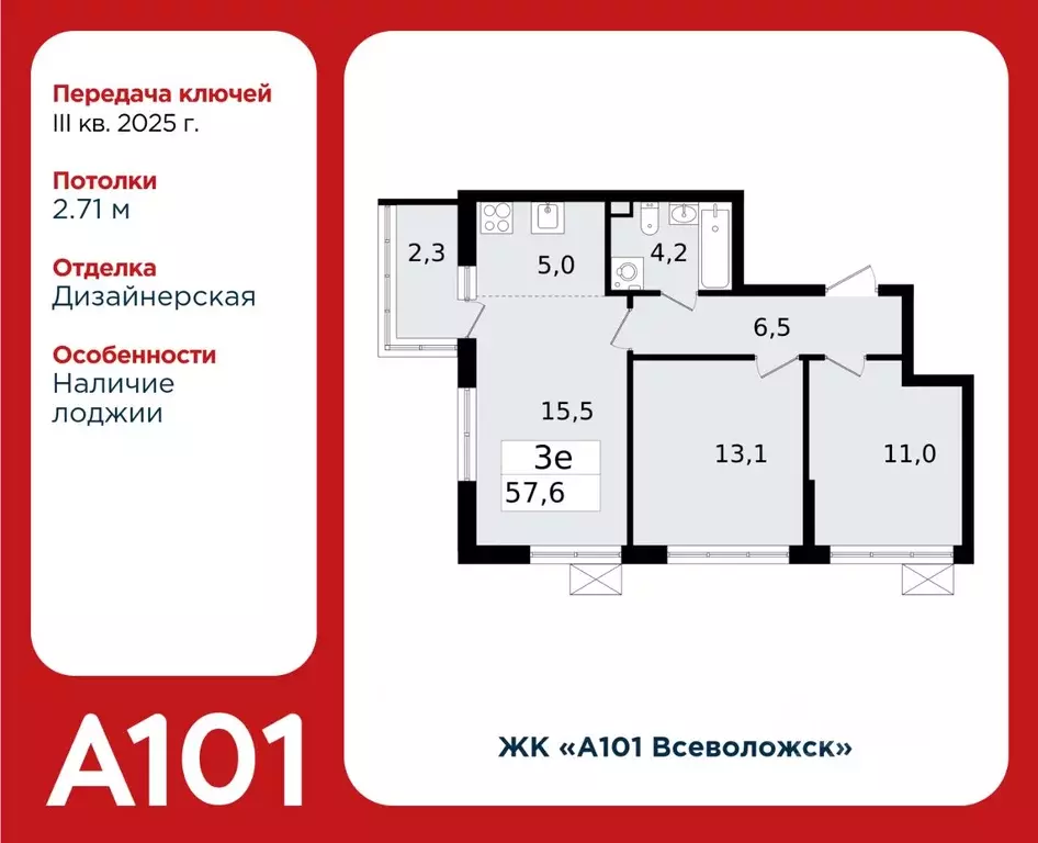 3-к кв. Ленинградская область, Всеволожск Южный мкр, 3.2 (57.6 м) - Фото 0