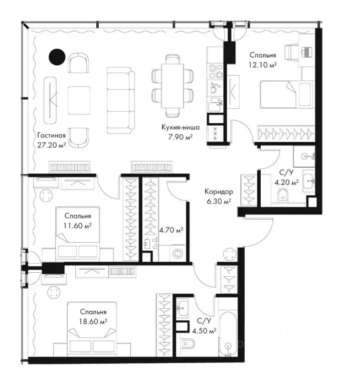 3-к кв. Москва Северный ао, Беговой р-н, Слава жилой комплекс (97.1 м) - Фото 2