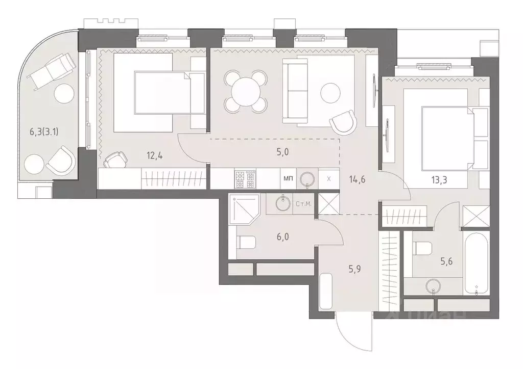 3-к кв. Москва Родина Парк жилой комплекс, к3 (65.9 м) - Фото 2