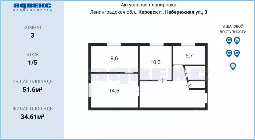 3-к кв. Ленинградская область, Кировск Набережная ул., 3 (51.6 м) - Фото 1