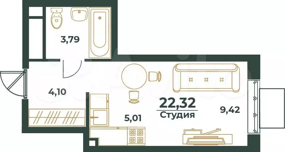 Квартира-студия, 22,3 м, 9/24 эт. - Фото 0