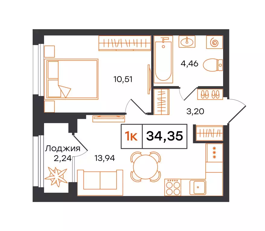1-комнатная квартира: Тюмень, Полевая улица, 117к13 (34.35 м) - Фото 1