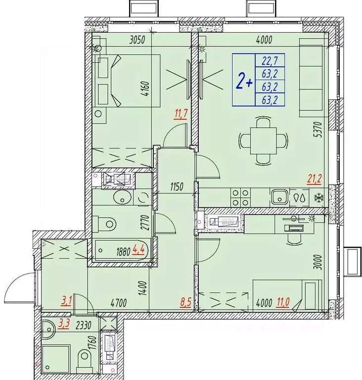 3-к кв. Астраханская область, Астрахань ул. Бэра, 29 (63.2 м) - Фото 2