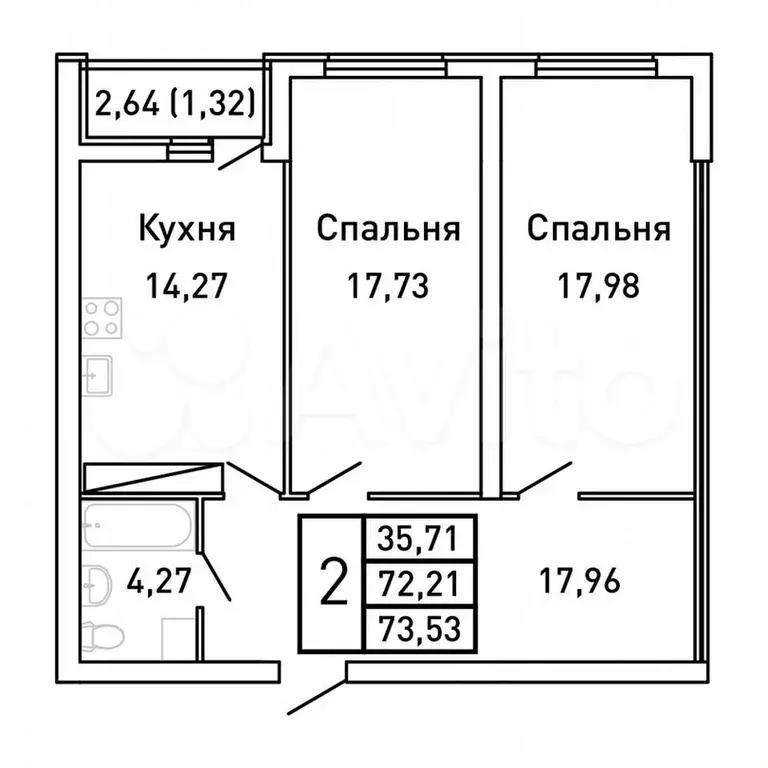 2-к. квартира, 73,5 м, 23/25 эт. - Фото 0