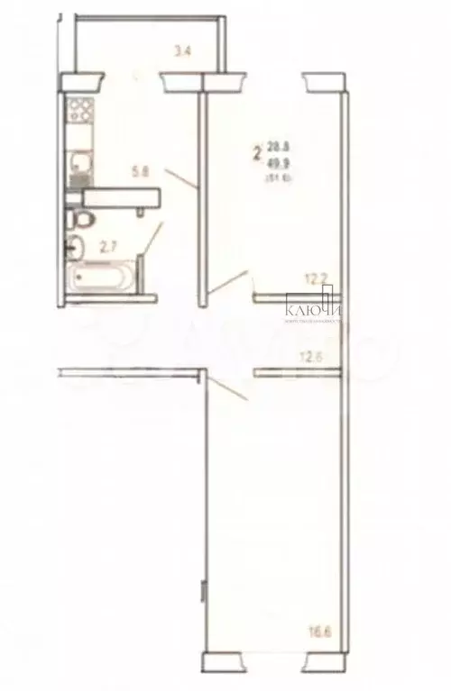 2-к. квартира, 51 м, 8/10 эт. - Фото 0