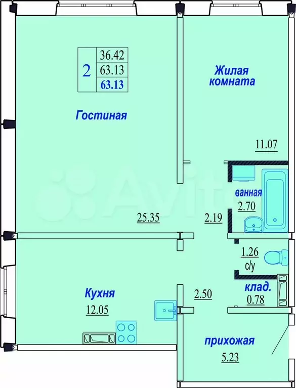 2-к. квартира, 63,3 м, 2/10 эт. - Фото 0