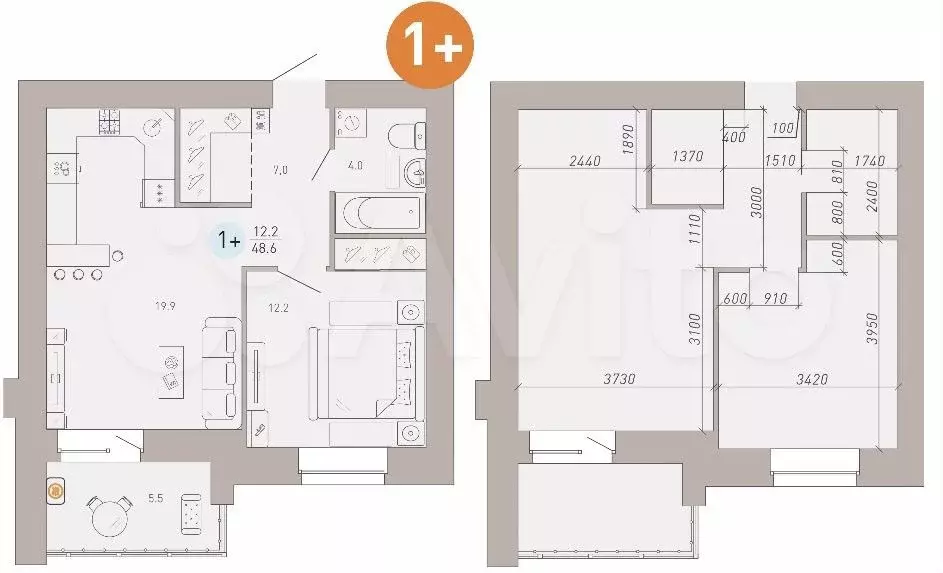 1-к. квартира, 48,6 м, 1/9 эт. - Фото 1